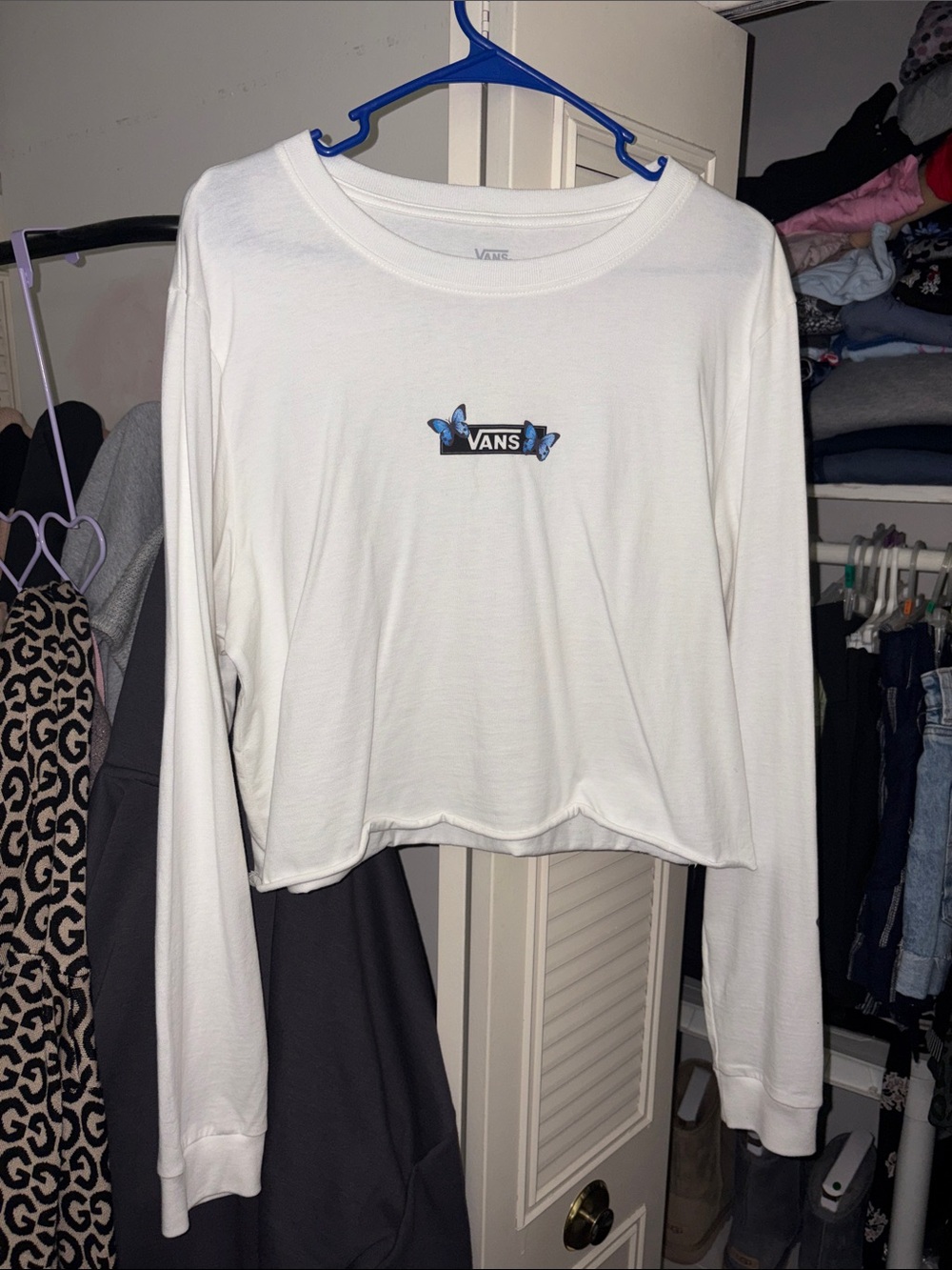 Vans White Cropped Long-Sleeve Tee with Blue Butterfly Logo